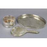 A silver-plated wine coaster with turned wooden base, 5” diam., & a silver-plated oval tray with