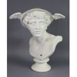 A large plaster bust of Mercury, after the antique, on round socle, 23” high x 19” wide (repairs