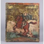 An antique painted icon depicting Saint George the Victorious, on wooden panel, 7½” x 6¾”.