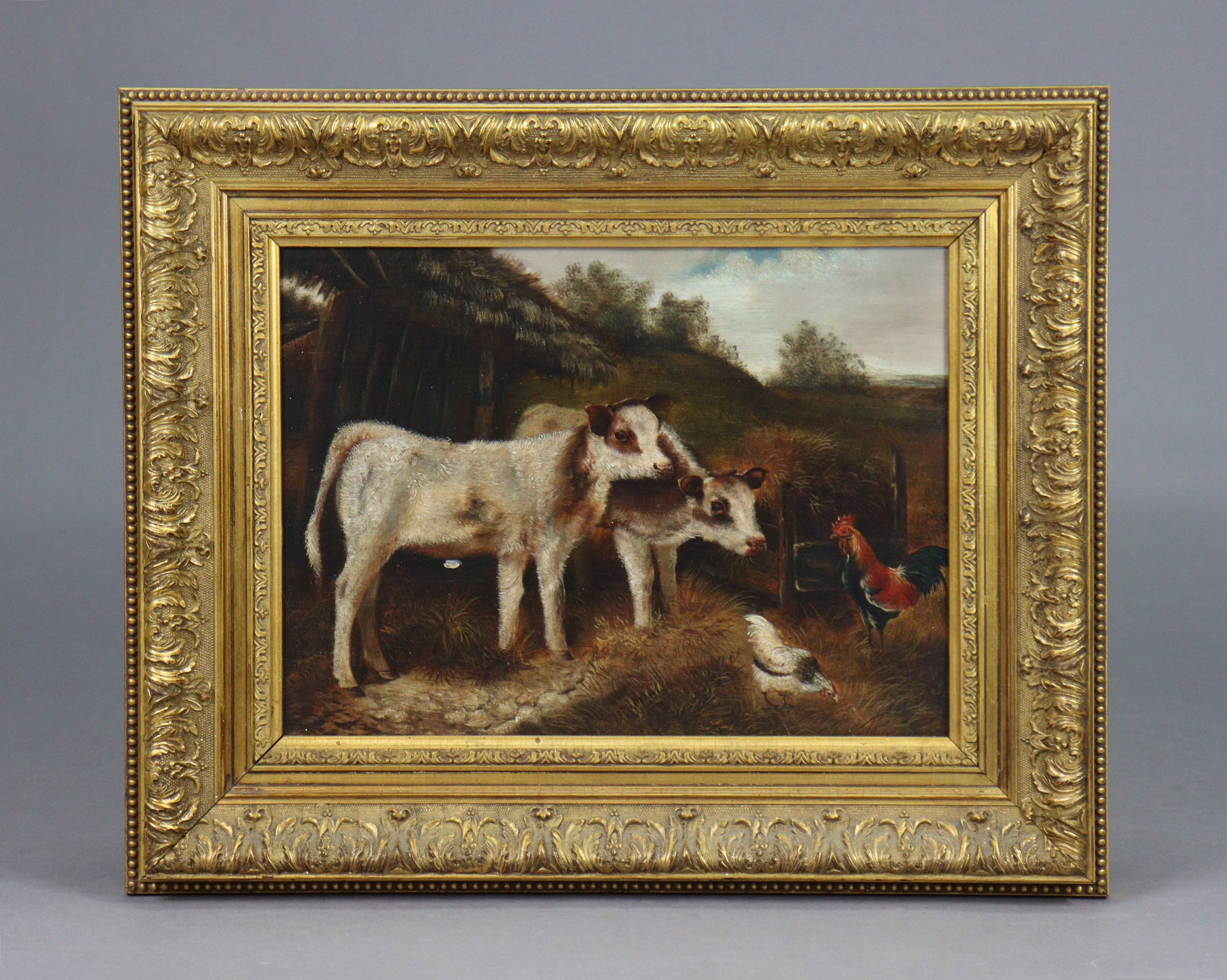 Attributed to AYMAR ALEXANDER PEZANT (1846-1916) Calves with a hen & rooster in a farmyard. Oil on - Image 2 of 5
