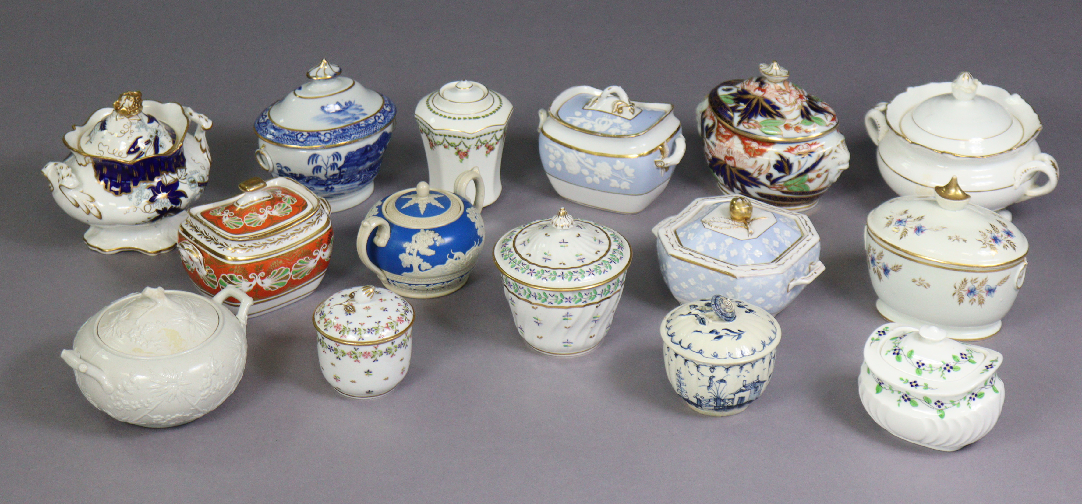 A collection of fifteen various 19th century English porcelain sucrieres, 3½” to 6” high.