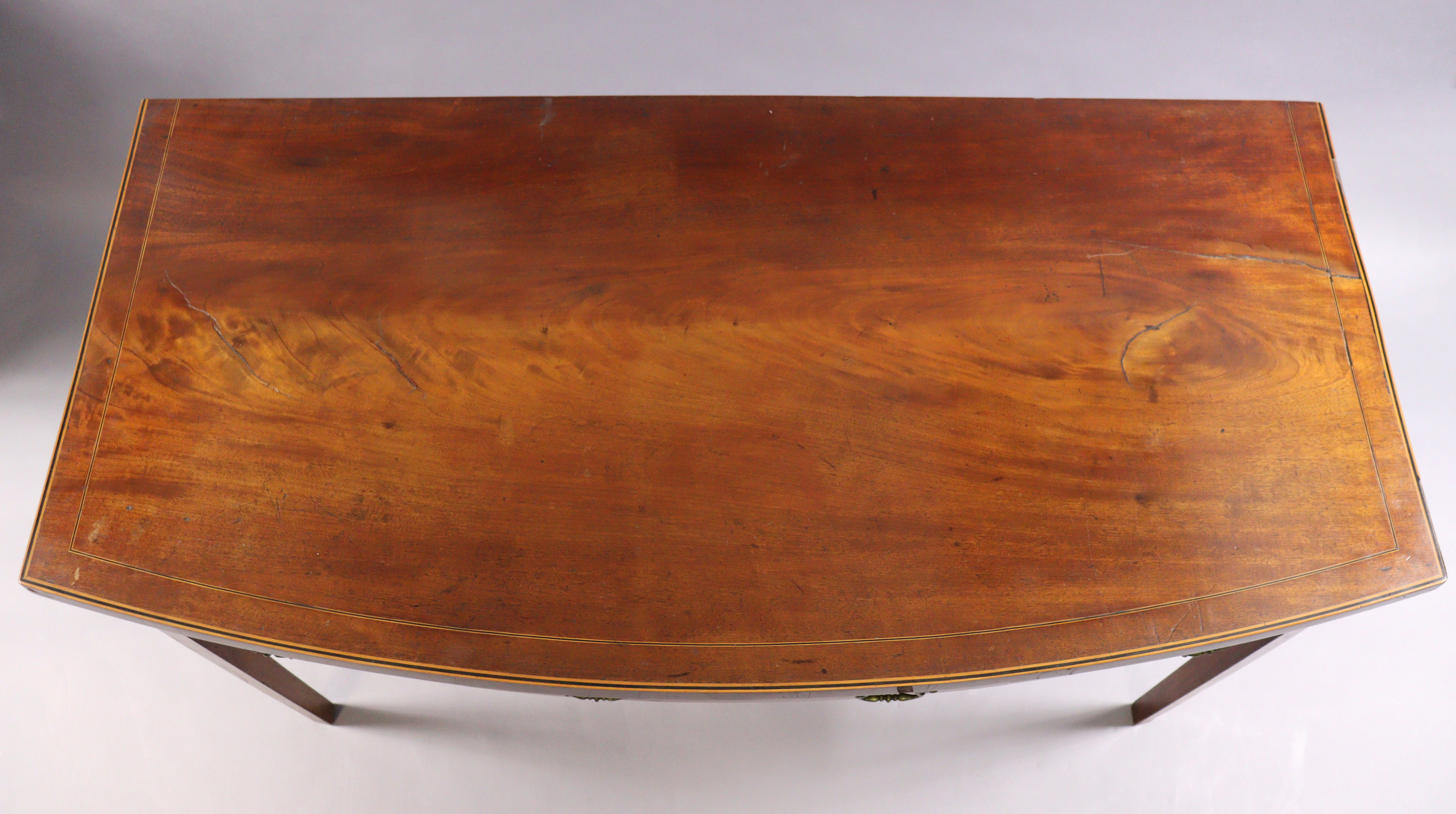 A GEORGE III INLAID-MAHOGANY LARGE BOW-FRONT SERVING TABLE, fitted two frieze drawers with brass - Image 3 of 6