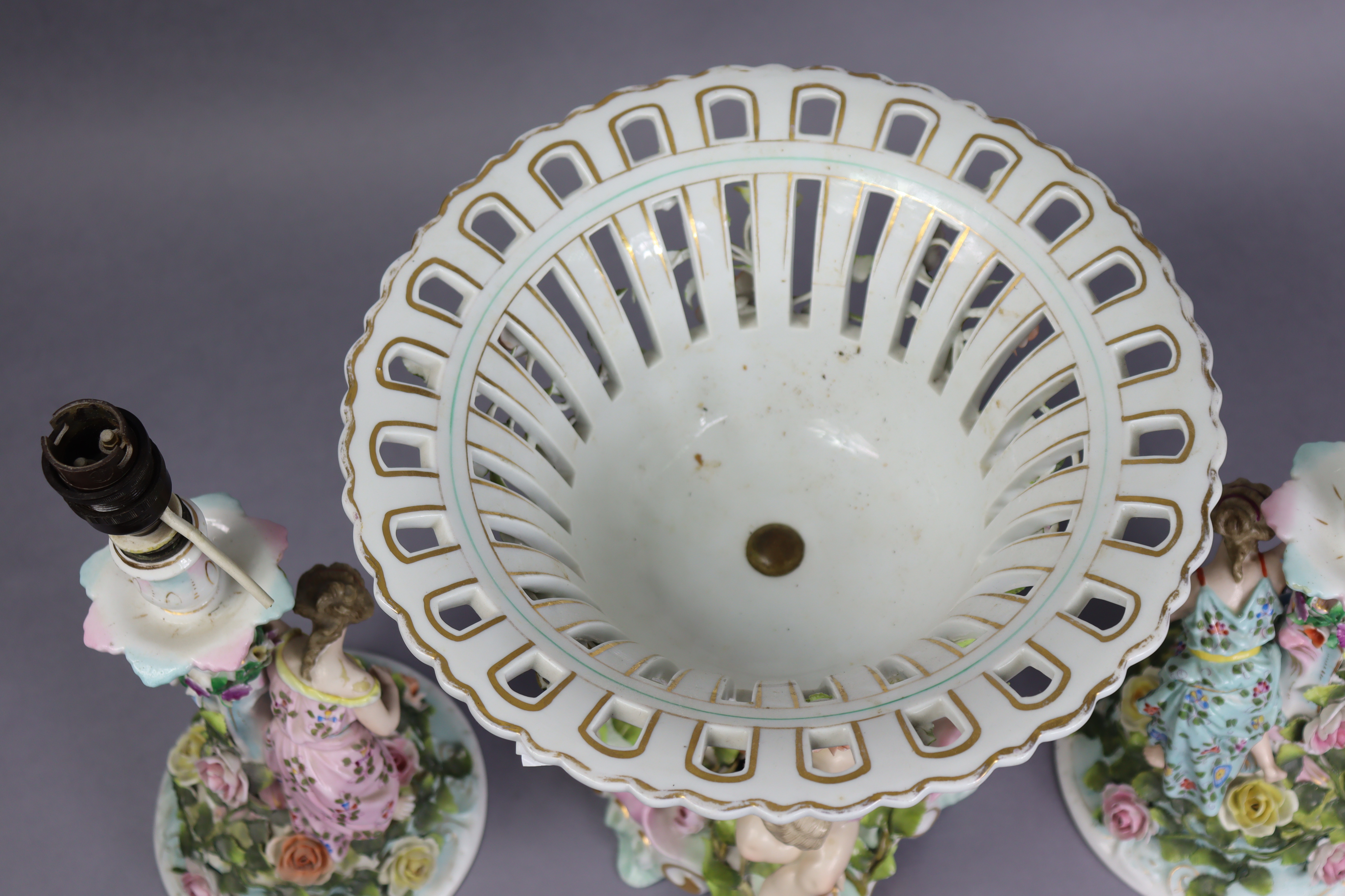 A Dresden porcelain large pierced & floral-encrusted basket dish on cherub supports, 12” high x - Image 4 of 7