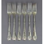 Six Danish .826 standard table forks with large scallop-shell terminals; Copenhagen 1922-23. (10.