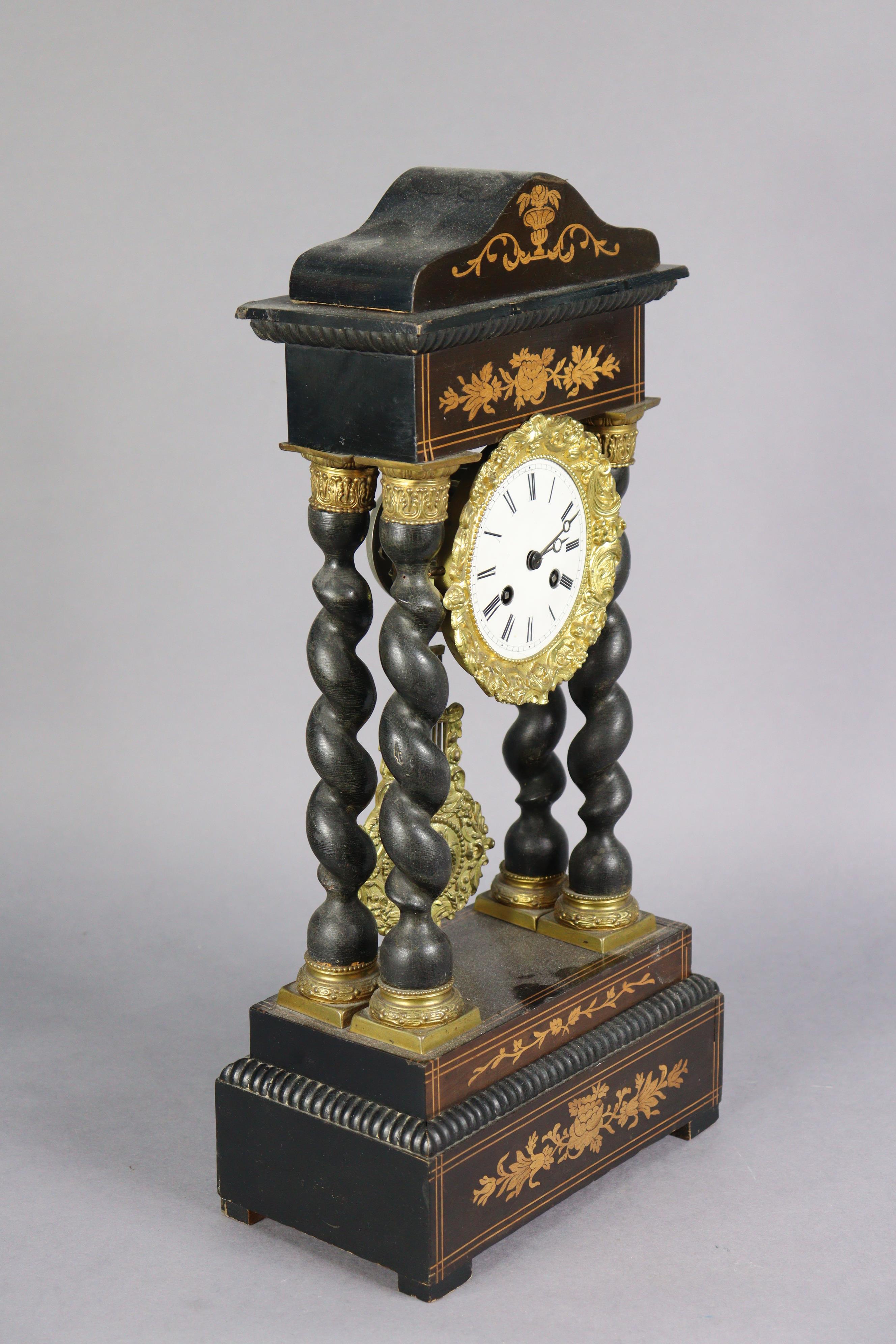 A late 19th century inlaid-mahogany portico clock, with foliate gilt brass mounts & pendulum, on - Image 3 of 4