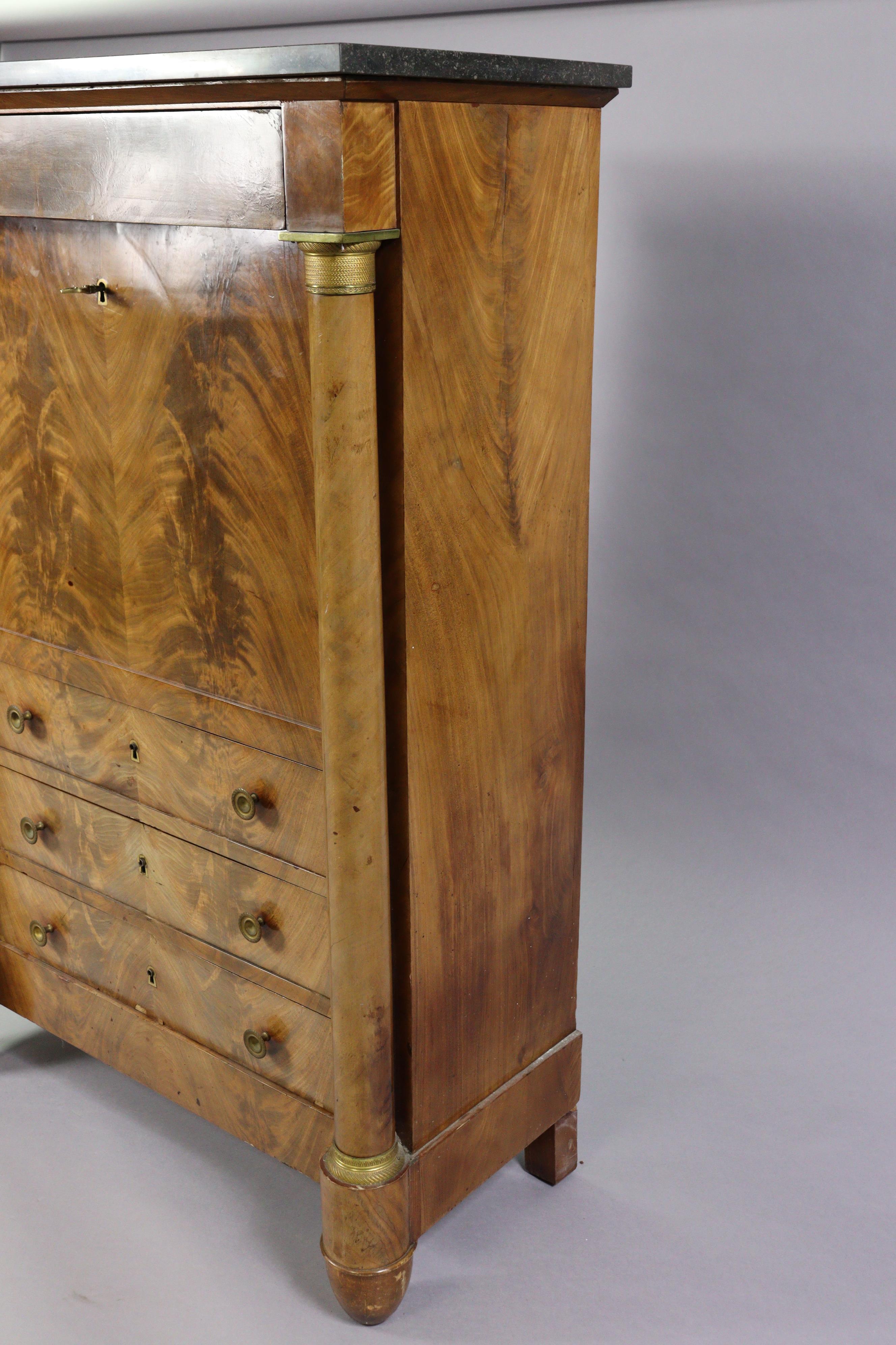 AN EARLY 19th century FRENCH WALNUT ESCRITOIRE or secretaire abatant, with brass mounted & grey - Image 8 of 12