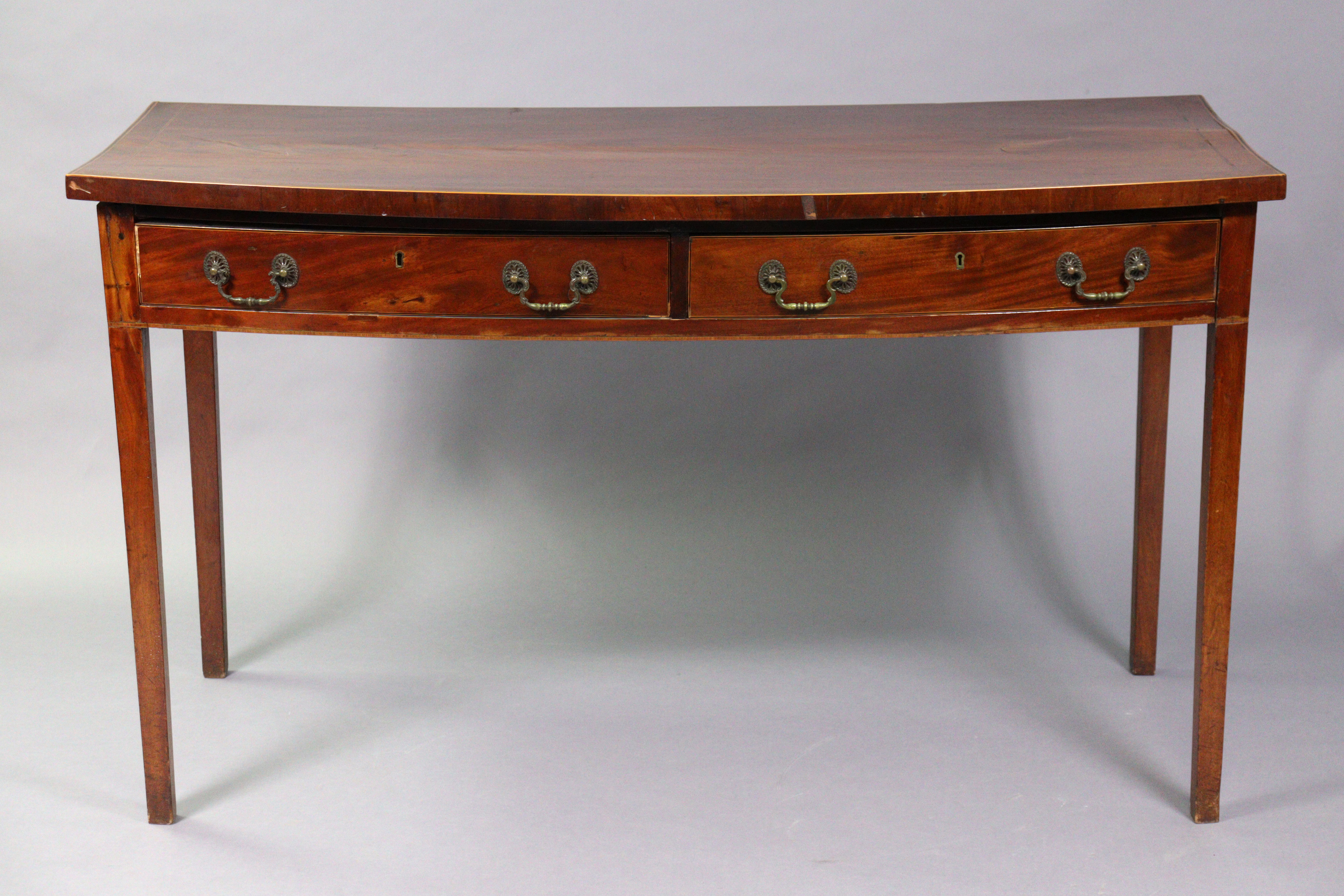 A GEORGE III INLAID-MAHOGANY LARGE BOW-FRONT SERVING TABLE, fitted two frieze drawers with brass - Image 2 of 6