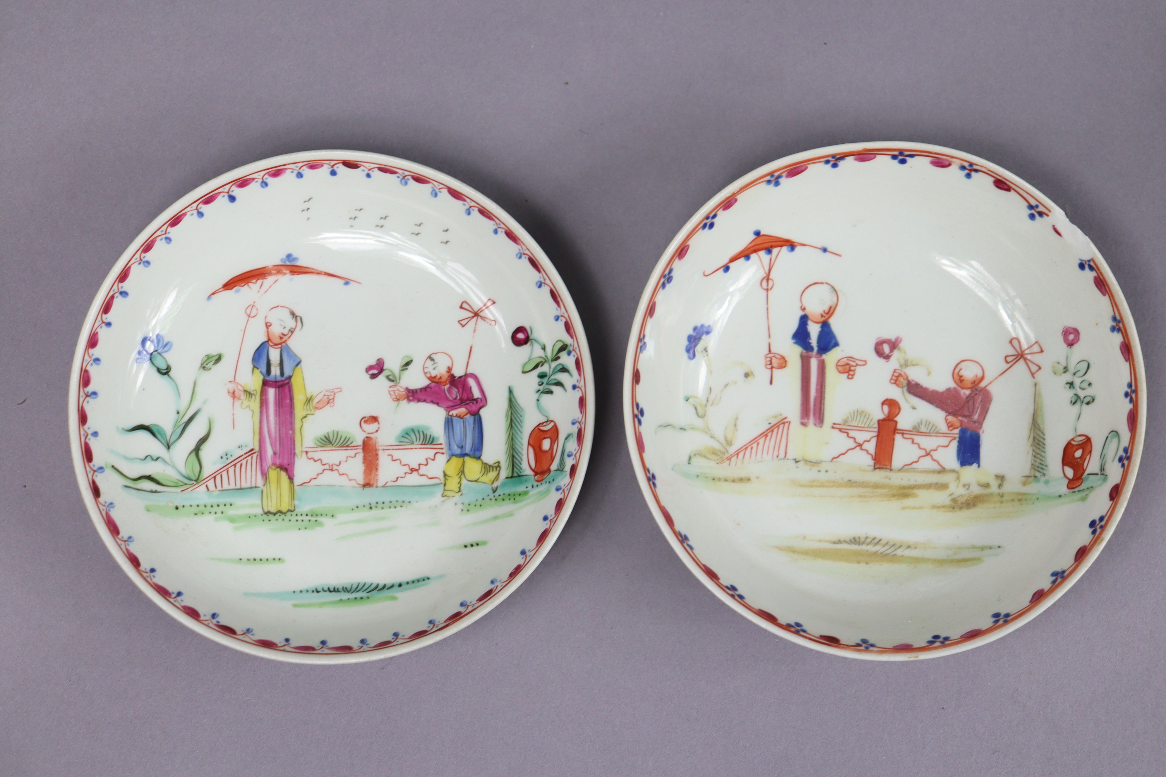 An 18th century Newhall porcelain part tea service, decorated in coloured enamels with chinoiserie - Image 7 of 17
