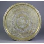 A Persian brass large circular tray or table top, all-over decorated with silver & copper inlay, &