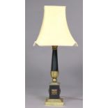 A decorative metal table lamp in the neoclassical style, with shade, 32” high x 14” wide over-all.