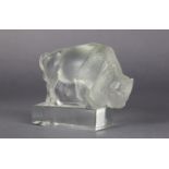 A Lalique frosted & clear glass model of a Bison, on rectangular plinth base, makes “Lalique France”