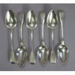 A matched set of six George III silver fiddle & thread pattern table spoons with oval bowls, each