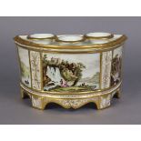 AN EARLY 19TH CENTURY PARIS (RUE THIROU) PORCELAIN BOUGH POT & PIERCED COVER, of demi-lune shape,