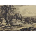 ENGLISH SCHOOL, 19th century. A monochrome watercolour of parkland with figures & cottages, 8” x