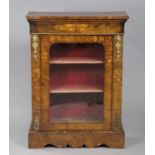 A Victorian burr walnut upright display cabinet with marquetry inlaid decoration & foliate brass