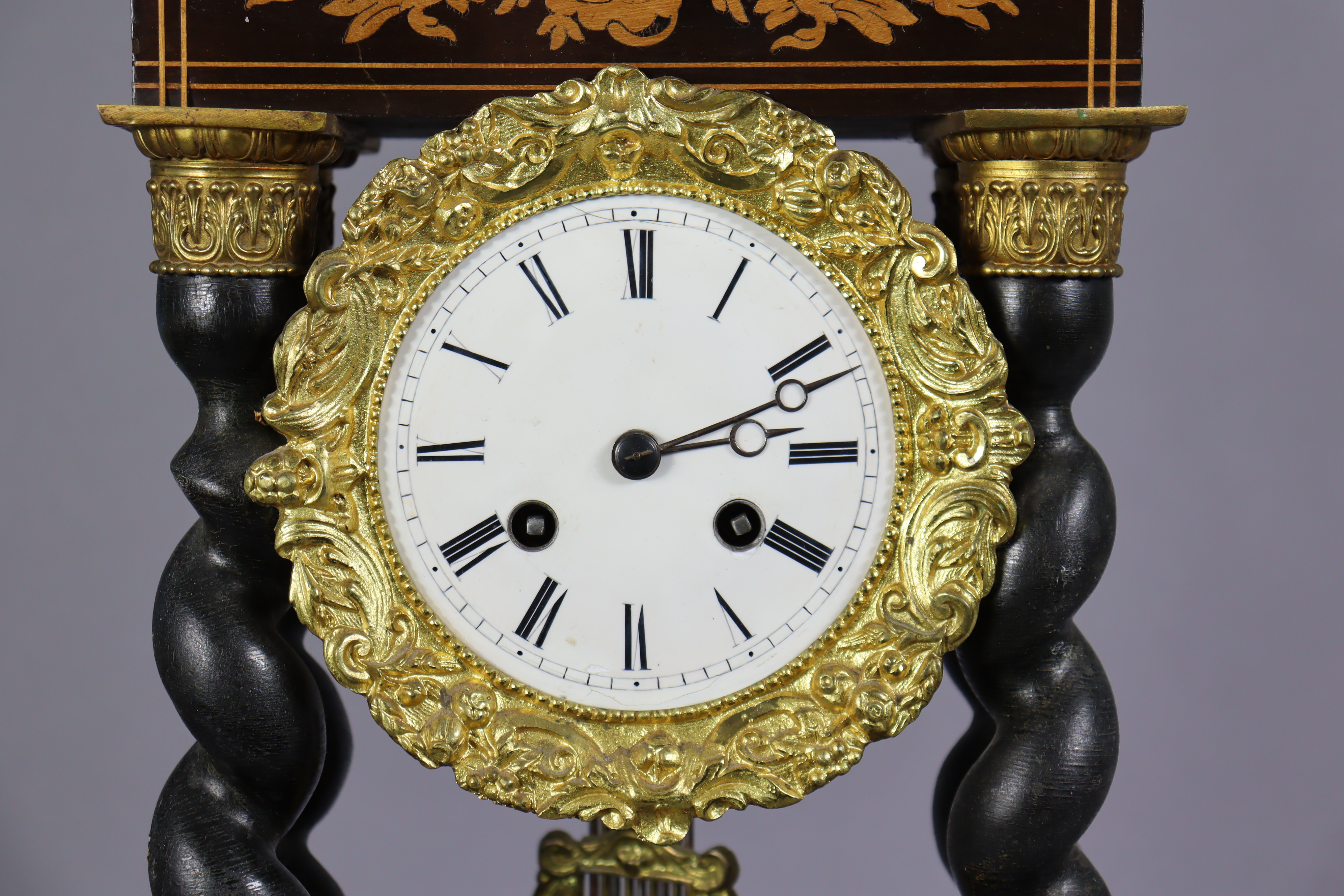 A late 19th century inlaid-mahogany portico clock, with foliate gilt brass mounts & pendulum, on - Image 2 of 4