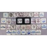 A COLLECTION OF THIRTY 18th century DELFT TILES, comprising 17 manganese tiles (2 of which framed) &