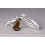 A Lalique frosted glass model of a toad, 2” high, etched mark “Lalique France”; & a Baccarat clear