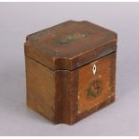 A George III painted rectangular tea caddy with concave corners, mahogany veneers & painted floral