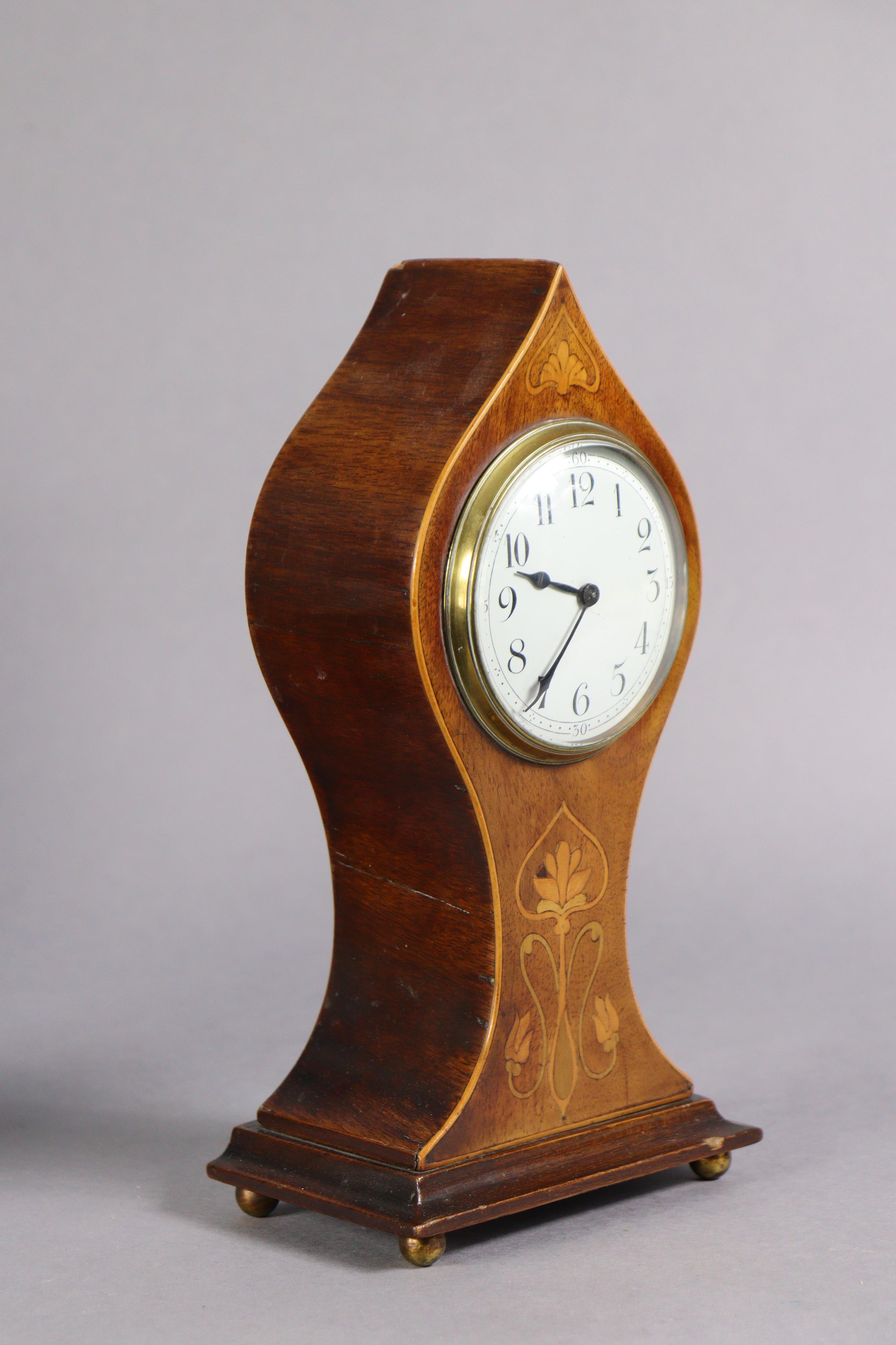 An Edwardian inlaid mahogany mantel timepiece in art-nouveau-style balloon-shaped case, the 3¼” - Image 2 of 3