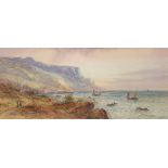 LENNARD LEWIS (1826-1913) Fishing vessels & a trawler in a bay, figures on the cliff-top path,