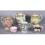 Five various 19th century lusterware jugs, 3¼” to 6¼” high; and a pink lustre pottery teacup with
