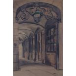 HUBERT HENNES (b. 1907) Study of cloisters, charcoal & watercolour on paper, 20¼” x 13¼”, framed &