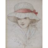 SIR JOSHUA REYNOLDS (1723-1792) A head & shoulders study of a young lady, her bonnet tied with