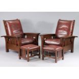 STICKLEY; A PAIR OF OAK BOW-ARM MORRIS DESIGN ARMCHAIRS AND MATCHING FOOTSTOOLS, by Stickley of