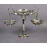 A George V silver tall comport, the circular bowl with pierced rim, two smaller basket dishes