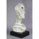 A composite fibre model of a male head, after Picasso, mounted on a black ash plinth, 21¼” high x 8”