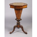 A Victorian burr walnut octagonal needlework table with parquetry inlaid chess-board top, on