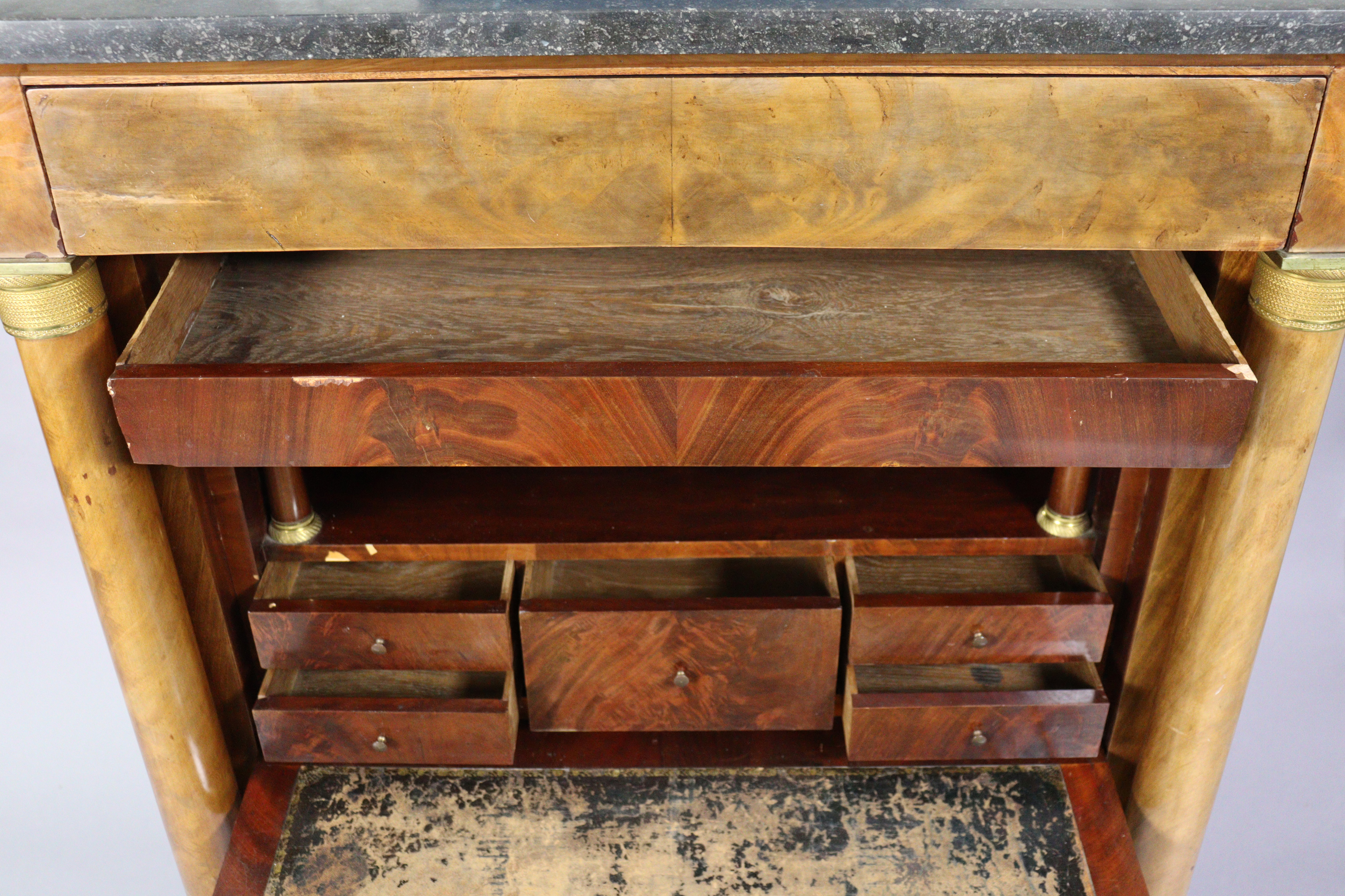 AN EARLY 19th century FRENCH WALNUT ESCRITOIRE or secretaire abatant, with brass mounted & grey - Image 4 of 12