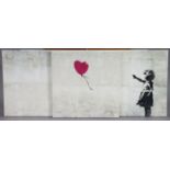 A Banksy Triptych print on canvas – Balloon Girl, each canvas, 30” x 30”; & eleven “cargo” white