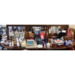 A quantity of decorative china & glassware, etc; an oak tea tray; & four decorative pictures.