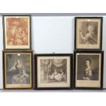 A vintage black & white Bartolozzi etching titled “Lady Diana Beauclerk”, 11” x 11¾”; & four black &