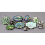 Eight various cloisonné ornaments; together with two enamelled trinket boxes; & a ditto miniature