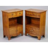 A pair of yew-wood small bow-front cabinets each fitted two frieze drawers above an open recess &