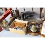 A bronzed table-bell on an oak stand (lacking beater), 11” high; together with various other items