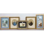 Five various decorative pictures, each in a glazed frame.