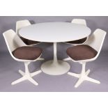 AN ARKANA ‘TULIP’ DESIGN WHITE-FINISH PEDESTAL DINING TABLE & SET OF FOUR SWIVEL DINING CHAIRS, the