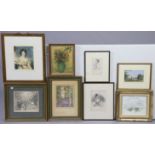 Various decorative pictures, all framed.
