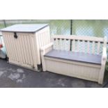 A Keter cream & brown plastic garden bench/storage box, 54½” wide; & a similar garden wood-effect