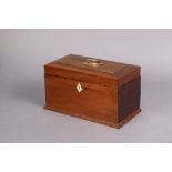 Two Victorian mahogany tea caddies of rectangular & sarcophagus form, 9” wide x 5¼” high x 5” deep &