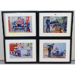 A set of eight coloured prints each depicting a mid-20th century worker at work including a fireman,