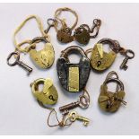 Seven various Victorian small brass padlocks each with key.