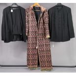 A 1960’s Welsh tapestry coat; a 1980’s Jean Paul black trouser suit, and a Mani black trouser suit.