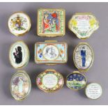 Nine Halcyon Days enamel boxes of varying size and shape, commemorating English monarchs and one
