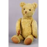 A mid-20th century golden plush teddy bear with button eyes & with movable limbs, 24” tall.