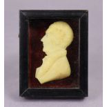 A 19th century wax relief portrait of Rev. John Huyshe, bust-length, in profile, mounted to velvet
